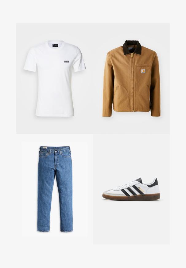 Casaco de lona castanho com colarinho de veludo cotelê castanho-escuro, fecho de zip, bolso no peito e bolsos laterais. Apresenta um emblema no lado esquerdo.; T-shirt branco de algodão com mangas curtas e decote redondo. Apresenta um pequeno logótipo preto "Barbour International" no lado esquerdo do peito.; Jeans de ganga azul com corte de perna reta, rebites de cobre e design de cinco bolsos. Apresenta uma bainha costurada e uma cintura clássica com passantes para cinto.; Sapatilha branca em pele com detalhes em camurça preta, três riscas pretas, sola de borracha bege e marcação em dourado "SPEZIAL" na lateral.