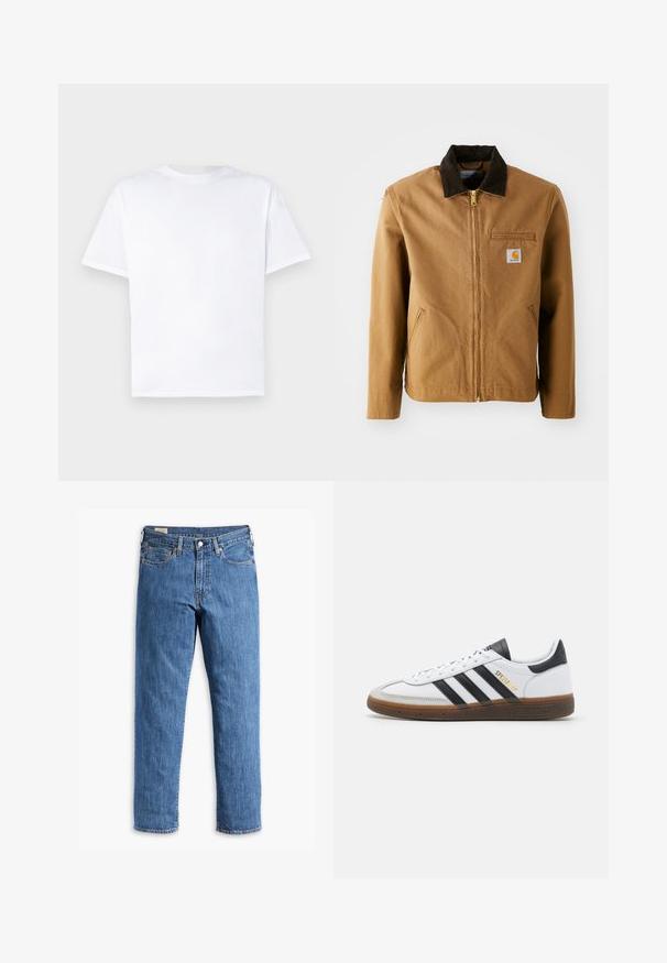 Brown canvas jacket with a dark brown corduroy collar, zip closure, chest pocket, and side pockets. Features a logo patch on the left.; White cotton t-shirt with a crew neck and short sleeves. Smooth texture, straight cut, no patterns or accents. Back view only.; Blue denim jeans with a straight leg cut, copper rivets, and five-pocket design. Features a sewn hem and a classic waistband with belt loops.; White leather sneaker with black suede accents, three black stripes, beige rubber sole, and gold "SPEZIAL" branding on the side.