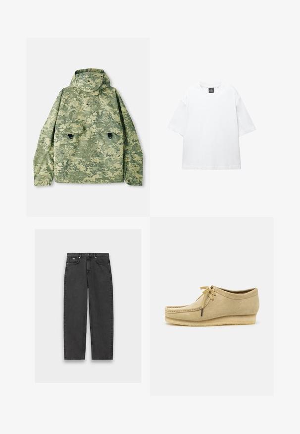 Jachetă de camuflaj în nuanțe de verde, cu glugă, două buzunare frontale și un material texturat. Prezintă inchidere cu capse și o croială lejeră.; Tricou alb cu mânecă scurtă, confecționat din bumbac, având un decolteu rotund și o croială lejeră cu tiv drept. Fără modele sau broderii.; Jeans negri, drepti, cu cinci buzunare, închidere cu buton și cusături vizibile, așezați pe un fundal neutru.; Shoe din suede bej cu un design cu șireturi, detalii cusute și talpă din cauciuc. Forma este casual, cu un ușor toc în wedge.