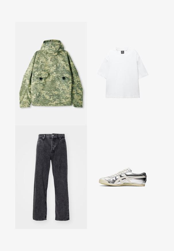 Kamouflagejacka i nyanser av grönt med huva, två framfickor och en texturerad tyg. Har tryckknappar och en avslappnad passform.; Vit kortärmad t-shirt i bomull, med rund halsringning och avslappnad passform med rak nederkant. Inga mönster eller dekorationer.; Jack & Jones JJIALEX JJORIGINAL - Baggy jeans - black denim; Silvriga metalliska sneakers med vita detaljer och snören. Har en texturerad yta, rund tå och en gummisula med ett mönster för grepp.