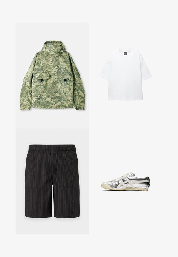 Kamuflagejakke i nuancer af grøn med hætte, to forlommer og en tekstureret stof. Har trykknaplukninger og en løs pasform.; Hvid kortærmet T-shirt lavet af bomuld, med rund halsudskæring og løs pasform med lige kant. Ingen mønstre eller udsmykninger.; Sorte shorts med subtile vertikale hvide striber, elastisk talje og to sidelommer, lavet af let, tekstureret stof.; Sølvmetallic sneakers med hvide detaljer og snørebånd. Har en tekstureret overflade, rund tå og en gummisål med et mønster for bedre greb.