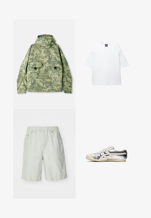 Vihreän sävyinen maastopukujen takki, jossa on huppu, kaksi etutaskua ja teksturoitu kangas. Varustettu napituskiinnityksellä ja irtonaisella leikkauksella.; Valkoinen lyhythihainen T-paita, joka on valmistettu puuvillasta. Paita on pyöreäkauluksinen, väljästi leikattu ja suorahelmainen. Ei kuvioita eikä koristeita.; Harmaat lyhyet housut, jotka on valmistettu tekstuuripinnoitteisesta kankaasta. Niissä on joustava vyötärö, kaksi sivutaskua ja rento istuvuus.; Hopeapintainen metallinen lenkkari valkoisilla yksityiskohdilla ja nauhoilla. Varustettu teksturoidulla pinnalla, pyöristävällä kärjellä ja kumipohjalla, jossa on kuvioita pitoa varten.