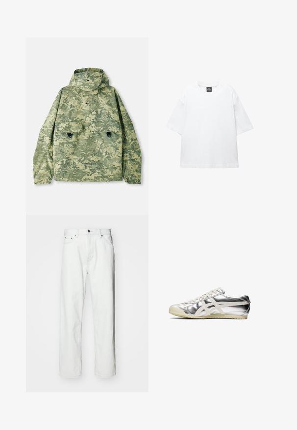 Maskovací bunda v odstínech zelené s kapucí, dvěma předními kapsami a texturovanou tkaninou. Disponuje cvočkovými zapínáními a volným střihem.; Bílý krátký rukáv tričko vyrobené z bavlny, s kulatým výstřihem a volným střihem se rovním lemem. Bez vzorů nebo zdobení.; Bílé denimové džíny se střihovou siluetou, designem se pěti kapsami, zapínáním na knoflík a jemnými detaily prošívání. Hladká textura a minimalistický styl.; Stříbrná metalická teniska s bílými akcenty a šňůrkami. Disponuje texturovaným povrchem, zaoblenou špičkou a gumovou podrážkou s vzorem pro lepší přilnavost.