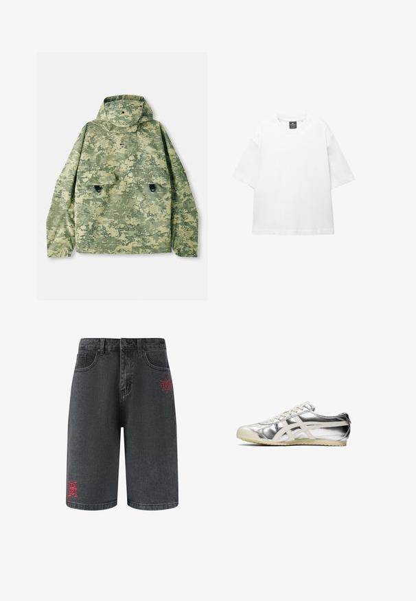 Veste camouflage dans des tons de vert avec une capuche, deux poches avant et un tissu texturé. Comprend des fermetures à pression et une coupe ample.; T-shirt blanc à manches courtes en coton, avec un col rond et une coupe décontractée àOurlet droit. Sans motifs ni embellissements.; Shorts en denim noir avec poches avant et broderie rouge décorative sur la jambe gauche, arborant un logo de marque et un texte de design.; Baskets métalliques argentées avec des accents et des lacets blancs. Présentent une surface texturée, un bout arrondi et une semelle en caoutchouc avec un motif pour l'adhérence.