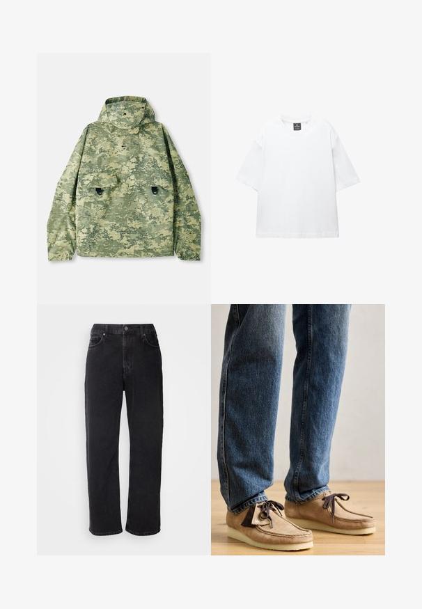 Vihreän sävyinen maastopukujen takki, jossa on huppu, kaksi etutaskua ja teksturoitu kangas. Varustettu napituskiinnityksellä ja irtonaisella leikkauksella.; Valkoinen lyhythihainen T-paita, joka on valmistettu puuvillasta. Paita on pyöreäkauluksinen, väljästi leikattu ja suorahelmainen. Ei kuvioita eikä koristeita.; Mustat farkut suoran leikkauksen, viiden taskun ja kontrastiväristen ompelujen kanssa. Varustettu nappisulkimella ja vyölenkeillä vyötäröllä.; Tumma ruskeita mokkasiineja, joissa on vaalea beige väri, pyöreä kärki ja pehmeä valkoinen pohja. Varustettu nauhakiinnityksellä ja ompelutiedoilla.