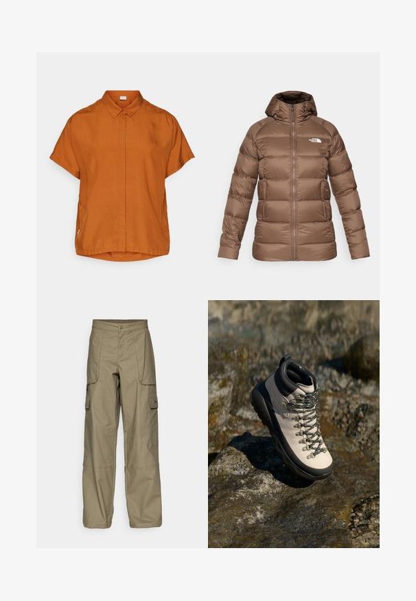 Rudas užpildytas žieminis švarkas su kapišonu, užtrauktuko uždarymu, šoninėmis kišenėmis ir baltu "The North Face" logotipu ant krūtinės.; Trumpas rankovės oranžinis marškinys, pagamintas iš lengvos medžiagos, su mygtukais priekyje, apykakle ir šiek tiek apvalia hemline.; Alyvuogių žalios spalvos cargo kelnės, pasižyminčios laisvu siluetu, keliais šoninėmis kišenėmis ir sagčių uždarymu juosmens srityje. Lygi tekstūra.; Šviesiai smėlio spalvos turizmo batai su juodu guminio pado, lankstus viršus, metaliniai akių laikikliai ir pilkos raišteliai, padėti ant akmenuoto paviršiaus.