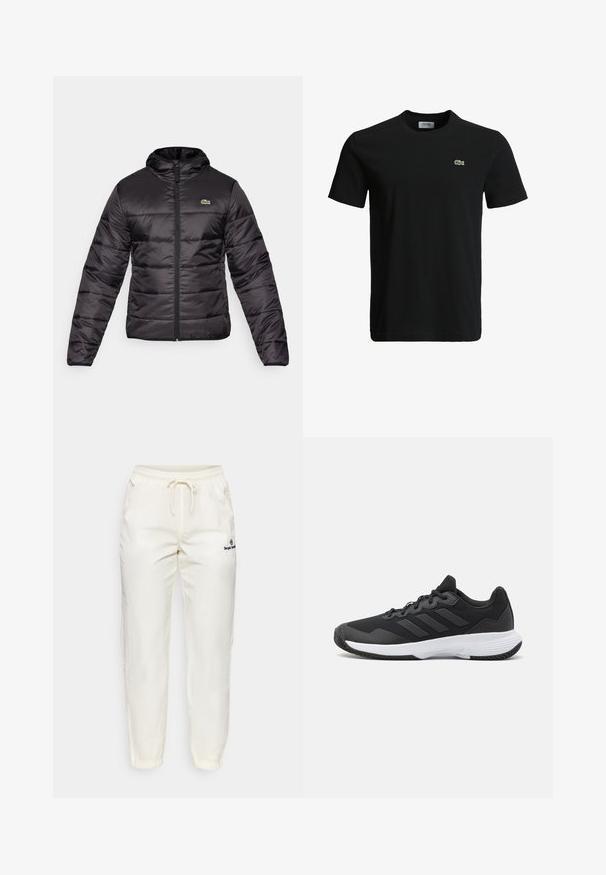 Svart boblejakke har hette, glidelås og horisontal quilted design. Materialet er blankt med en liten grønn logo på brystet.; Svart bomulls T-skjorte med rund hals, korte ermer, og en liten grønn krokodille-logo på venstre bryst. Glatt tekstur, uformelt design.; Kremfargede, lette bukser med elastisk midjebånd og snor. Har avsmalnende ben og en liten svart logo-detall.; Svart idrettssko med teksturert overdel, tre horisontale striper, og en hvit såle med mønstret gummibunn. Lettvekts og strømlinjeformet design.