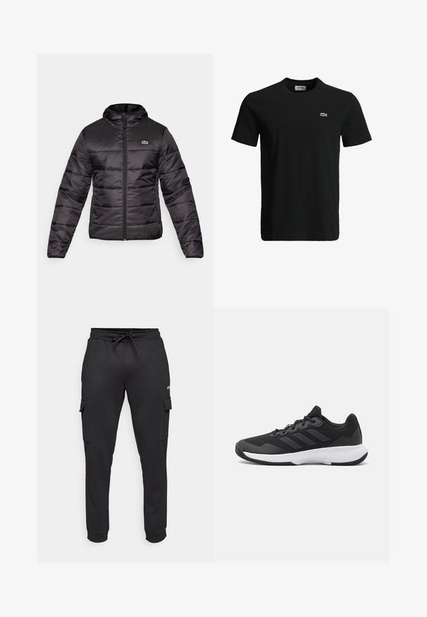 Čierna prešívaná bunda má kapucňu, zips a horizontálne prešívanie. Materiál je lesklý a na hrudi sa nachádza malá zelená nálepka.; Čierne bavlnené tričko s okrúhlym výstrihom, krátkymi rukávmi a malým zeleným logo krokodíla na ľavej hrudi. Hladká textúra, ležérny dizajn.; Jack & Jones Performance JPSTGORDON JJBASIC ICE CARGO PANTS - Nohavice - black; Čierna atletická topánka s textúrovaným zvrškom, s tromi horizontálnymi pruhmi a bielou podrážkou s vzorovaným profilom. Ľahký a aerodynamický dizajn.