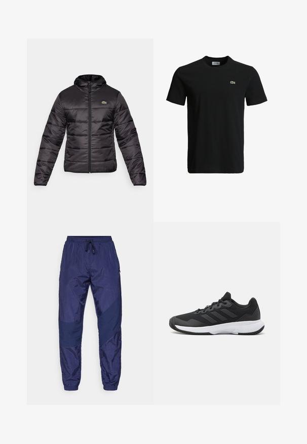 O casaco puffer preto apresenta um capuz, fecho de correr e um padrão de quilting horizontal. O material é brilhante e possui um pequeno logotipo verde no peito.; T-shirt de algodão preto com decote redondo, mangas curtas e um pequeno logotipo de crocodilo verde no lado esquerdo do peito. Textura suave, design casual.; Calças de desporto azul marinho com um acabamento texturizado e brilhante. Apresenta um design ajustado, cintura elástica e painéis contrastantes em azul marinho nas laterais.; Sapatilha atlética preta com um upper texturizado, três riscas horizontais e uma sola branca com um padrão de piso. Design leve e aerodinâmico.