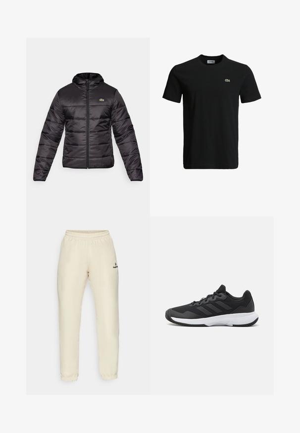 Zwarte pufferjack met capuchon, ritssluiting en horizontale quilting. Het materiaal is glanzend met een klein groen logo op de borst.; Zwart katoenen t-shirt met een ronde hals, korte mouwen en een klein groen krokodillenlogo op de linkerborst. Vloeiende textuur, casual ontwerp.; Beige sportbroeken met elastische tailleband en een gladde textuur. Voorzien van gathered boorden en een klein zwart logo aan de linkerzijde.; Zwarte sportieve schoen met een gestructureerde bovenkant, drie horizontale strepen en een witte zool met een gepatternde loopvlak. Lichtgewicht en gestroomlijnd ontwerp.