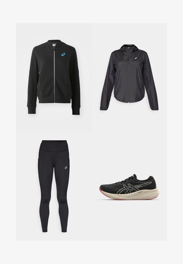 Zwarte lichte jas met een volledige ritssluiting, capuchon en elastische manchetten. Gemaakt van glad, glanzend materiaal. Heeft een logo op de borst.; ASICS MATCH CAPSULE JACKET - Sweater met rits - performance black; Zwarte sportieve tanktop van lichtgewicht stof. Heeft een ronde halslijn, racerback ontwerp en een klein wit logo op de voorkant.; Zwarte leggings met een hoge tailleband, gemaakt van een gladde, rekbare stof. Voorzien van een subtiel logo op de dij en zijzakken.; Zwarte hardloopschoen met een bovenwerk van mesh en witte accenten. Beschikt over een gewatteerde tussenzool en rode details op de buitenzool. Lichtgewicht ontwerp.