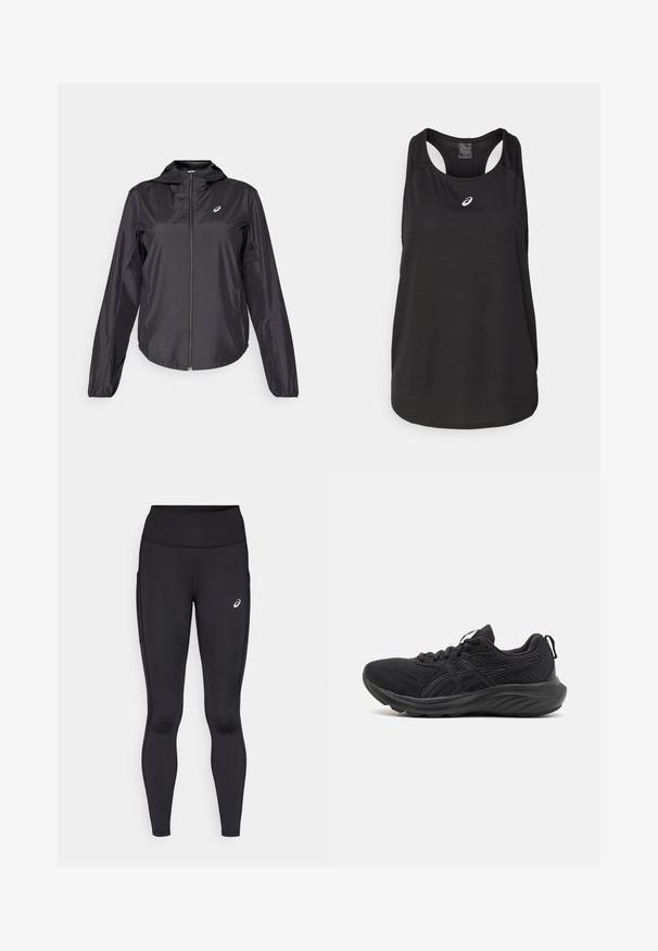 Černá lehká bunda s plným zipem, kapucí a elastickými manžetami. Vyrobena z hladké, lesklé látky. Na hrudi se nachází logo.; Černý sportovní top bez rukávů vyrobený z lehkého materiálu. Má kulatý výstřih, design s průramky a malé bílé logo na přední straně.; Černé legíny s vysokým pasem, vyrobené z hladkého a elastického materiálu. Obsahují jemné logo na stehně a boční kapsy.; Černé sportovní boty s prodyšným síťovaným svrškem, strukturovanou podrážkou, kulatou špičkou a texturovaným povrchem. Obsahují černé šňůrky a detaily se znakem.