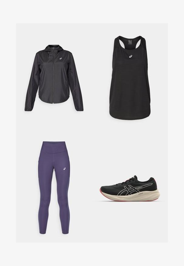 Veste légère noire avec fermeture éclair intégrale, capuche et poignets élastiques. Fabriquée en tissu lisse et brillant. Présente un logo sur la poitrine.; Débardeur de sport noir en tissu léger. Présente un col rond, un design dos nageur et un petit logo blanc à l'avant.; ASICS CORE - Collants de running - indigo fog; Chaussure de course noire avec un dessus en maille et des accents blancs. Caractéristiques d'une semelle intermédiaire rembourrée et d'un détail de semelle extérieure rouge. Design léger.