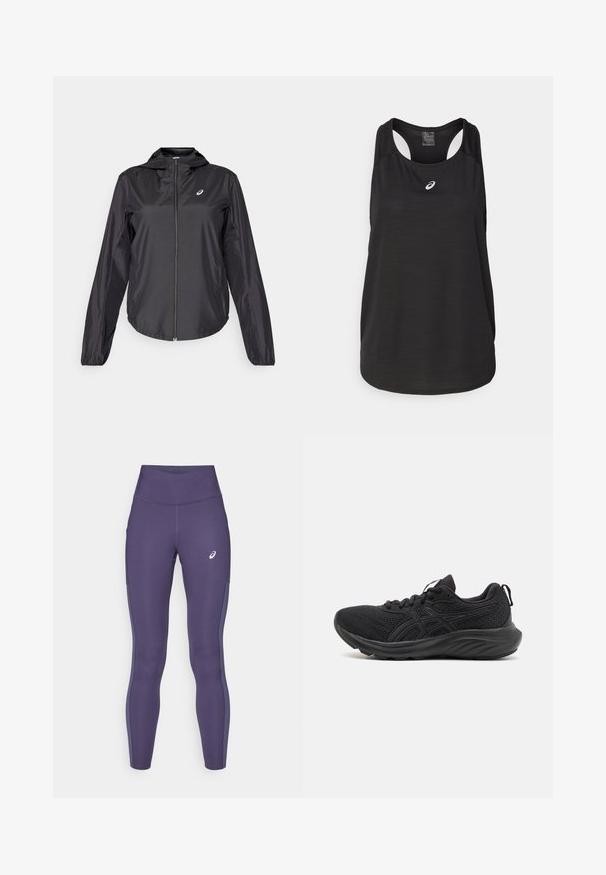 Schwarze, leichte Jacke mit durchgehendem Reißverschluss, Kapuze und elastischen Bündchen. Hergestellt aus glattem, glänzendem Stoff. Verfügt über ein Logo auf der Brust.; Schwarzes sportliches Tanktop aus leichtem Material. Mit rundem Halsausschnitt, Racerback-Design und kleinem weißen Logo auf der Vorderseite.; ASICS CORE - Lauftights - indigo fog; Schwarze Sportschuhe mit einem atmungsaktiven Mesh-Obermaterial, strukturierten Sohlen, runder Zehenpartie und einer strukturierten Oberfläche. Mit schwarzen Schnürsenkeln und Logodetails.