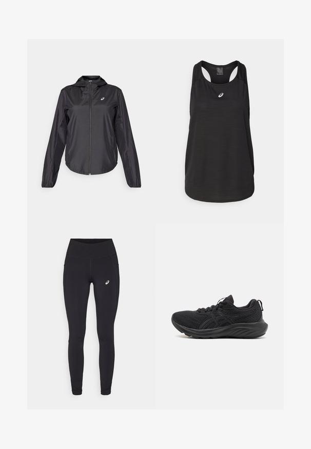 Crna lagana jakna s punim zatvaračem, kapuljačom i elastičnim manžetama. Izrađena od glatkog, sjajnog materijala. Sadrži logo na prsima.; Crni sportski top bez rukava od laganog materijala. Ima okrugli izrez, dizajn s razrezom na leđima i mali bijeli logo sprijeda.; ASICS NAGINO RUN ADJUSTABLE - Tajice za trčanje - performance black; Crne sportske cipele s prozračnom mrežastom gornjom jedinicom, strukturiranom sredinom, okruglim vrhom i teksturiranom površinom. Sadrže crne vezice i detalje s logotipom.