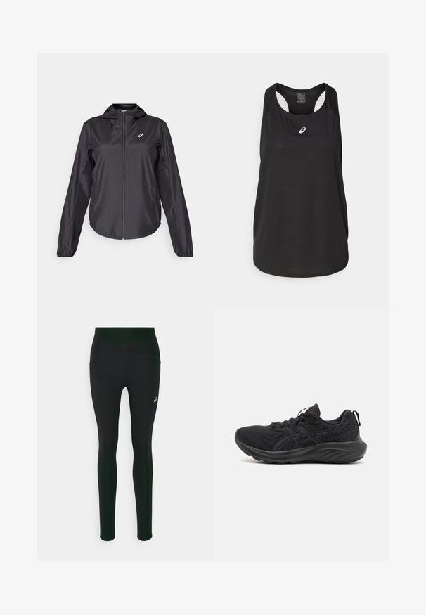 Černá lehká bunda s plným zipem, kapucí a elastickými manžetami. Vyrobena z hladké, lesklé látky. Na hrudi se nachází logo.; Černý sportovní top bez rukávů vyrobený z lehkého materiálu. Má kulatý výstřih, design s průramky a malé bílé logo na přední straně.; Černé legíny s vysokým pasem, mají hladkou texturu a boční kapsy. Jemné reflexní akcenty a detail loga.; Černé sportovní boty s prodyšným síťovaným svrškem, strukturovanou podrážkou, kulatou špičkou a texturovaným povrchem. Obsahují černé šňůrky a detaily se znakem.