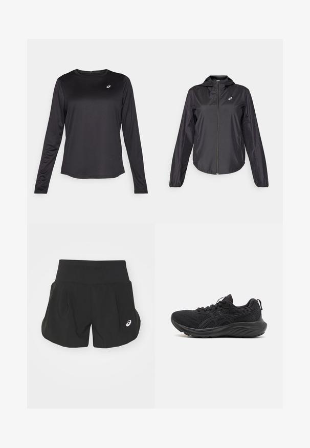 Veste légère noire avec fermeture éclair intégrale, capuche et poignets élastiques. Fabriquée en tissu lisse et brillant. Présente un logo sur la poitrine.; T-shirt d'entraînement à manches longues noir en tissu léger. Présente un col rond et un petit logo sur la poitrine. Texture lisse.; Shorts de sport noirs avec une large ceinture, un design plissé et un petit logo blanc accentué sur le bas à gauche. Matière douce et légère.; Baskets de sport noires avec une tige en mesh respirant, une semelle structurée, un bout rond et une surface texturée. Présente des lacets noirs et des détails de logo.