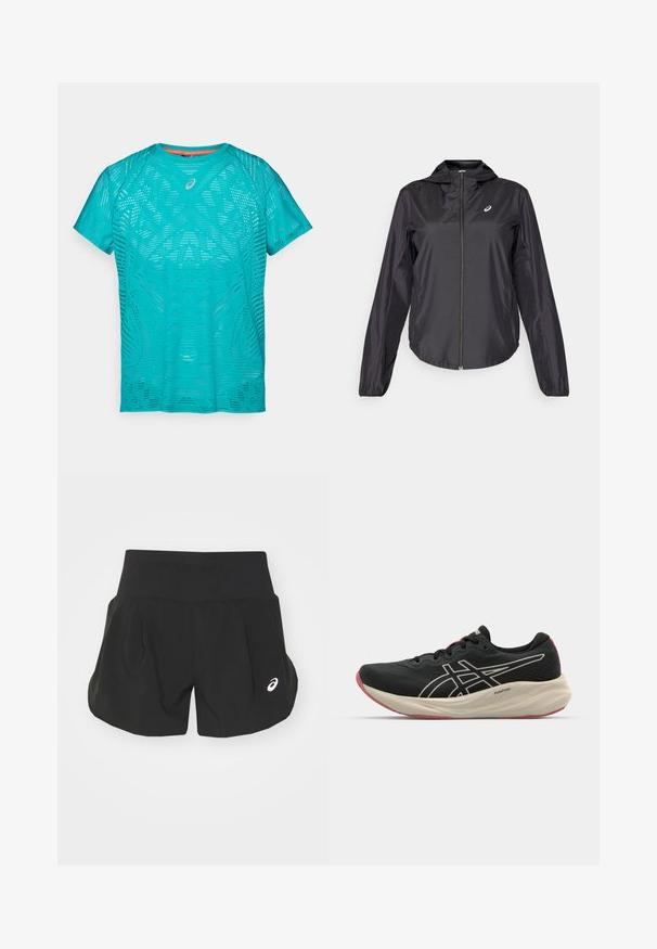 Musta kevyt takki, jossa on täysipitkä vetoketju, huppu ja elastiset hihansuut. Valmistettu sileästä, kiiltävästä kankaasta. Rinnassa on logo.; Vihreä urheilupaita, jossa on hengittävä, reikäkuvioitu muotoilu, lyhyet hihat ja pyöreä pääntie, jossa on hillitty logotieto.; Mustat urheilushortsit, joissa on leveä vyötärönauha, laskostettu muotoilu ja pieni valkoinen logo vasemmalla alakulmassa. Pehmeä, kevyt materiaali.; Mustapohjainen juoksukenkä, jossa on verkkokangasta ja valkoisia yksityiskohtia. Varustettu pehmeällä välipohjalla ja punaisella pohjakuvioinnilla. Kevyt muotoilu.