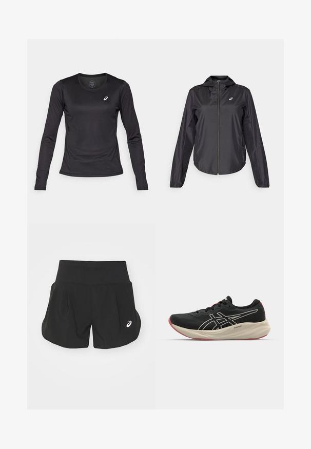 Black lightweight jacket with a full zipper, hood, and elastic cuffs. Made of smooth, shiny fabric. Features a logo on the chest.; ASICS CORE TOP - Long sleeved top - performance black; Black athletic shorts with a wide waistband, pleated design, and a small white logo accent on the lower left side. Soft, lightweight material.; Black running shoe with a mesh upper and white accents. Features a cushioned midsole and red outsole detail. Lightweight design.