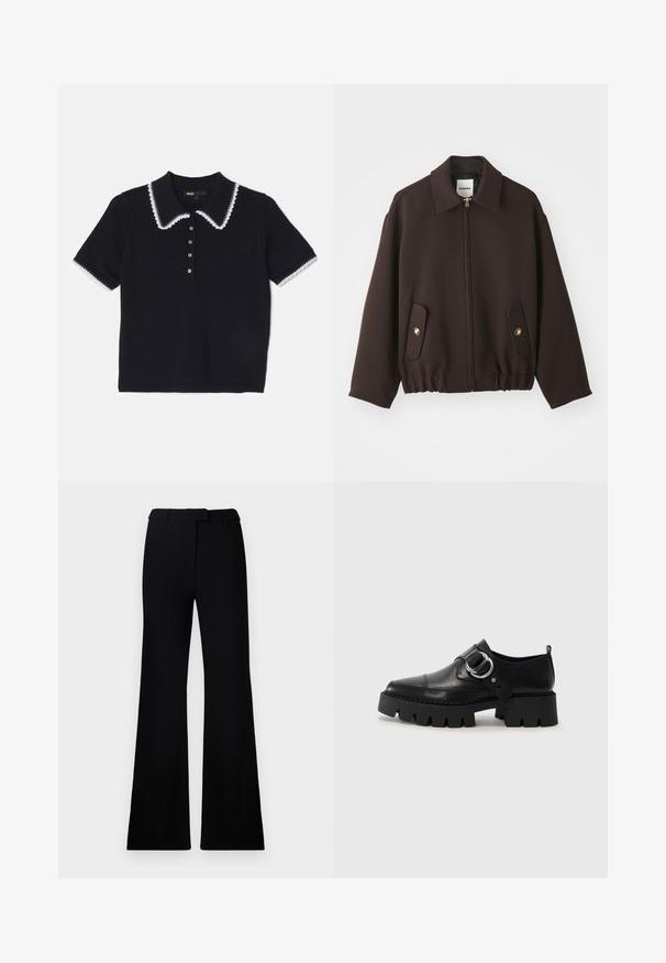 Sötétbarna kabát, cipzárral elöl, széles gallérral, két foltvarrott zsebbel aranygombokkal, és elasztikus aljjal. Simább anyagból készült.; Fekete kötött polo póló fehér, hullámos gallérral és díszítéssel, rövid ujjal és hat gombos felső résszel. Texturált anyag.; Fekete, harangszárú nadrág sima textúrával, precíziós derékrésszel és elülső zsebekkel, amely egy sima, modern sziluettet tervez.; Fekete bőr cipők tömzsi, bordázott talppal, kerek ezüst hardware díszítéssel és minimális varrási részletekkel.