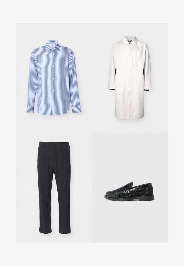 Světle šedý kabát ke kolenům s límcem, zapínáním na knoflíky a černými akcenty po stranách. Vyrobeno z hladké, lehké tkaniny.; Modrá a bílá pruhovaná košile, s límečkem, dlouhými rukávy, s knoflíkovým zapínáním, vyrobená z měkké tkaniny, s manžetami na knoflíky a rovnoměrně spaced vertikálními pruhy.; Černé plisé kalhoty s texturovanou tkaninou, s rovně střiženými nohavicemi a standardním pasem. Žádné viditelné kapsy nebo kovové prvky.; Černé pletené nazouvací boty s hladkým koženým akcentem na svršku, kulatou špičkou a nízkoprofilovou gumovou podrážkou.