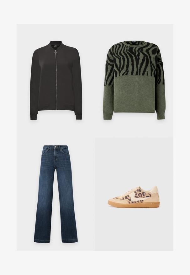 Fekete bomber dzseki sima anyagból, elöl cipzárral, bordás gallérral és mandzsettával, valamint két oldalsó zsebbel.; Sötétzöld és fekete zebramintás pulóver, kötött textúrával, kerek nyakkal, hosszú ujjal, a felső részen kontrasztos dizájnnal.; Sötétkék farmernadrág, széles szárú dizájnnal, öt zsebbel és elülső gombos záródással. Sima tapintású és klasszikus varrási részletekkel.; Leopárdmintás sportcipő bézs velúr felsőrésszel, világosbarna gumitalppal és fehér kiegészítőkkel. Kerek orr, fűzős kialakítás, és textúrázott felület jellemzi.