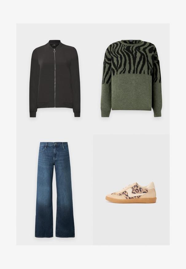 Jachetă neagră de tip bomber, realizată dintr-un material neted, cu fermoar în față, guler și manșete riguroase, având două buzunare laterale.; Pulover cu model de zebra în verde închis și negru, textură tricotată, guler rotund, mâneci lungi, având un design contrastant în secțiunea superioară.; Jeans negri închis, cu picioare largi, din denim, având talie înaltă, design cu cinci buzunare și o ușoară decolorare la tiv. Închidere standard cu nasture.; Tenisi cu imprimeu de leopard, cu partea superioară din suede bej, talpă din cauciuc maro și accente albe. Vârf rotund și design cu șireturi, cu un finisaj texturat.