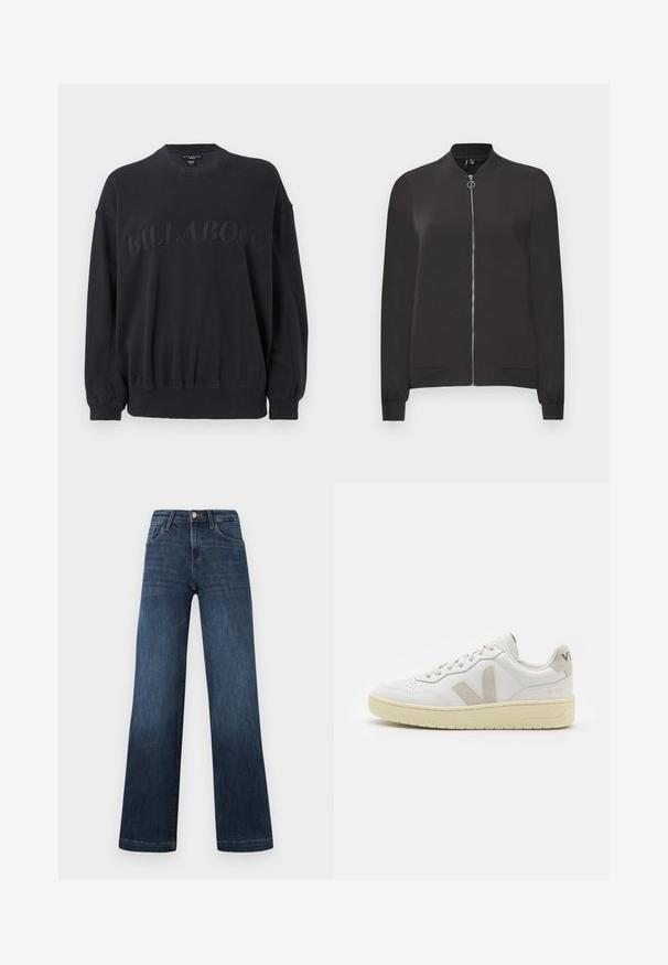 Jaqueta bomber preta feita de tecido liso, apresentando um fecho frontal com zíper, gola e punhos canelados, e dois bolsos laterais.; Sweatshirt preto com um decote redondo, cintura elástica e mangas longas. Apresenta o logótipo texturizado "BILLABONG" bordado na frente.; Jeans em denim azul escuro com um design de perna larga, apresentando cinco bolsos e um fecho frontal com botão. Textura suave e detalhes de costura clássicos.; Sapatilha de couro branca com detalhes em camurça bege, biqueira perfurada, atacadores planos e sola texturizada creme. Apresenta uma marcação subtil no calcanhar.