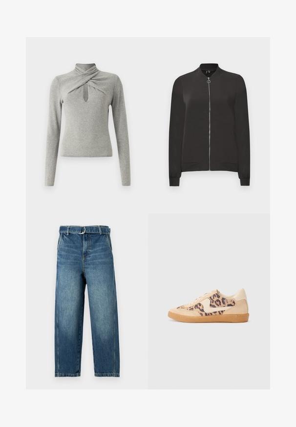 Fekete bomber dzseki sima anyagból, elöl cipzárral, bordás gallérral és mandzsettával, valamint két oldalsó zsebbel.; Szürke, hosszú ujjú pulóver, állógallérral, csavart kialakítással és kulcslyuk kivágással az elején. Puha kötött textúra.; Kék farmernadrág magas derékkal, széles lábakkal és fémgyűrűs övbújtatóval. Az anyagon halványodás és finom koptatás látható.; Leopárdmintás sportcipő bézs velúr felsőrésszel, világosbarna gumitalppal és fehér kiegészítőkkel. Kerek orr, fűzős kialakítás, és textúrázott felület jellemzi.