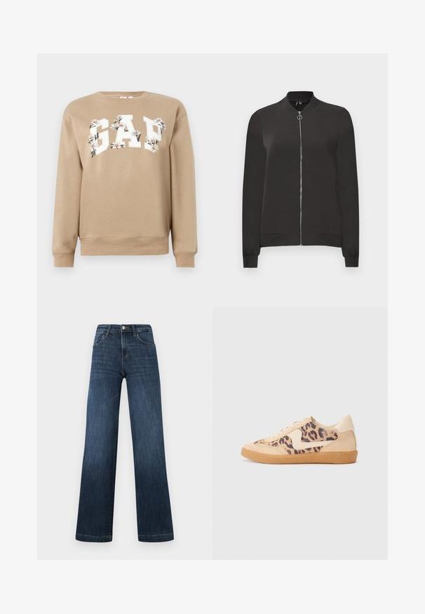 Čierna bomber bunda vyrobená z hladkej látky, s predným zipsom, rebrovaným golierom a manžetami, a dvoma bočnými vreckami.; Béžová mikina s bielymi nápismi "GAP" ozdobenými bielymi a oranžovými kvetinovými vzormi na hrudi, dlhé rukávy, ribbované manžety a spodný lem.; Tmavomodré džíny z denimu so širokým strihom, obsahujúce päť vreciek a predné zapínanie na gombík. Hladká textúra a klasické švy.; Tenisky s leopardím vzorom, s béžovým semišovým zvrškom, svetlohnedou gumovou podrážkou a bielymi akcentmi. Okrúhla špička a šnurovací dizajn s textúrovaným povrchom.