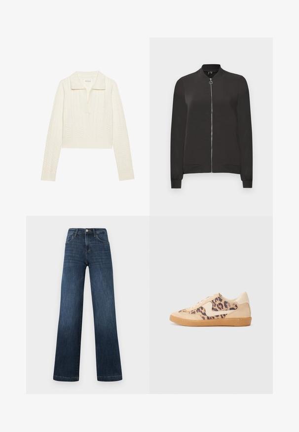 Giacca bomber nera realizzata in tessuto liscio, con zip frontale, colletto e polsini a coste e due tasche laterali.; Maglione cropped in crema, con pattern a trecce, colletto ampio e polsini a coste. Realizzato in morbido tessuto testurizzato.; Jeans in denim blu scuro con un design a gamba larga, dotati di cinque tasche e chiusura anteriore con bottone. Texture liscia e dettagli di cucitura classica.; Sneakers in stampa leopardata con parte superiore in suede beige, suola in gomma color caramello e dettagli bianchi. Punta rotonda e design con lacci, con una finitura testurizzata.
