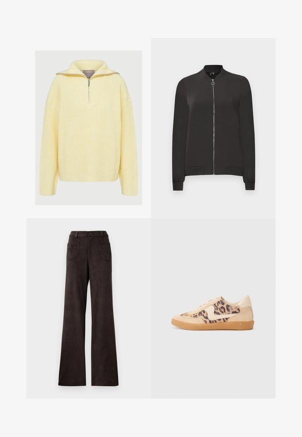 Black bomber jacket made from smooth fabric, featuring a front zipper, ribbed collar and cuffs, and two side pockets.; Knitted pullover in soft yellow, featuring a half-zip design, wide collar, and ribbed texture. Loose fit with long sleeves.; Brown wide-leg trousers made of soft, textured fabric. Features include a button closure and two front pockets.; Leopard print sneakers with beige suede upper, tan rubber sole, and white accents. Round toe and lace-up design with a textured finish.