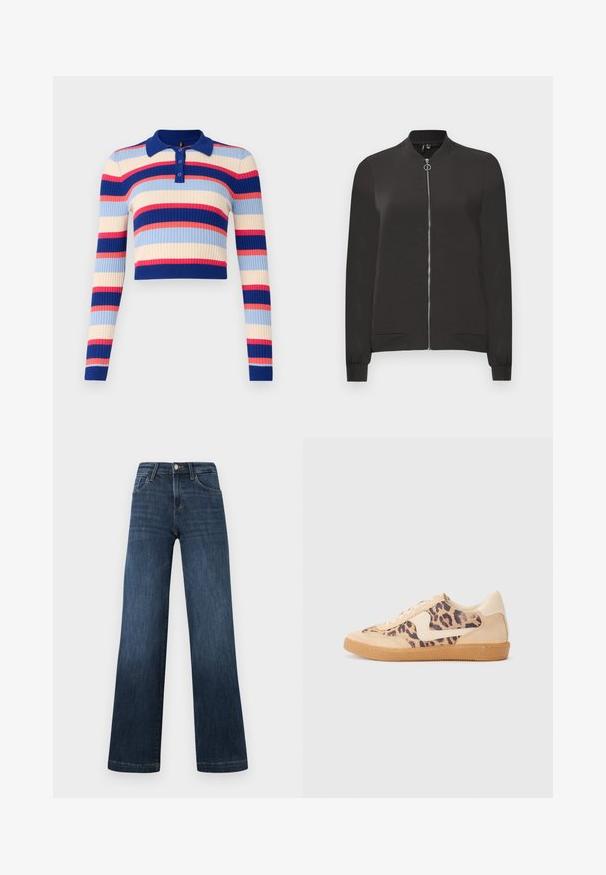 Jaqueta bomber preta feita de tecido liso, apresentando um fecho frontal com zíper, gola e punhos canelados, e dois bolsos laterais.; Suéter polo curto em malha com mangas longas, apresentando riscas horizontais em azul, creme, rosa e vermelho. Fecho de quatro botões no colarinho.; Jeans em denim azul escuro com um design de perna larga, apresentando cinco bolsos e um fecho frontal com botão. Textura suave e detalhes de costura clássicos.; Sapatilhas com padrão de leopardo, parte superior em camurça bege, sola de borracha castanha e detalhes brancos. Bico redondo e design com atacadores, com um acabamento texturizado.