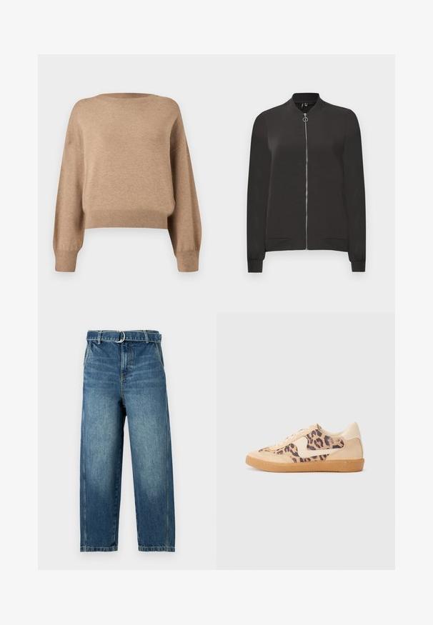 Črna bomberska jakna izdelana iz gladkega blaga, z zadrgo spredaj, rebrastim ovratnikom in manšetami ter dvema stranskima žepoma.; Pleteni pulover v svetlobruni barvi. Ima krožni izrez, spuščena ramena ter rebraste manžete in rob. Mehak tekstura in skrajšana oblika.; Modri jeans z visokim pasom, širokimi nogami in obročkom za pas iz kovine. Imajo zbledeno in subtilno gubanje na tkanini.; Teniske s leopardjim vzorom z zgornjim delom iz bež semiša, rjavim gumijastim podplatom in belimi detajli. Okrogla konica in vezenje z vezalkami ter teksturirana površina.