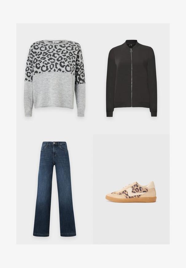 Black bomber jacket made from smooth fabric, featuring a front zipper, ribbed collar and cuffs, and two side pockets.; Gray sweater with a leopard print design in dark gray. Features a round neckline and long sleeves, constructed from a soft, textured material.; Dark blue denim jeans with a wide-leg design, featuring five pockets and a front button closure. Smooth texture and classic stitching details.; Leopard print sneakers with beige suede upper, tan rubber sole, and white accents. Round toe and lace-up design with a textured finish.