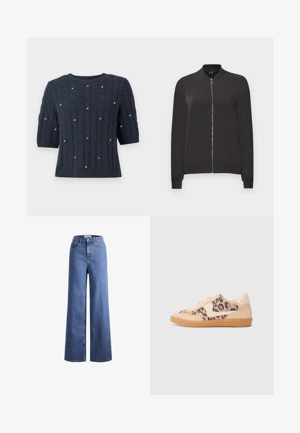 Schwarze Bomberjacke aus glattem Stoff, mit einem Frontreißverschluss, geripptem Kragen und Bündchen sowie zwei Seitentaschen.; Marineblauer Strickpullover mit kurzen Ärmeln, der Kabelmuster und dekorative Edelsteinakzente überall aufweist. Rundhalsausschnitt und gerippter Saum.; Helleblaue Denim-Weite-Leg-Jeans mit hoher Taille, zwei vorderen Taschen und sichtbarer Naht. Mit Knopf- und Reißverschluss.; Löwenmuster-Sneaker mit beige Wildleder-Obermaterial, tanfarbener Gummisohle und weißen Akzenten. Runde Zehenform und Schnürdesign mit strukturiertem Finish.