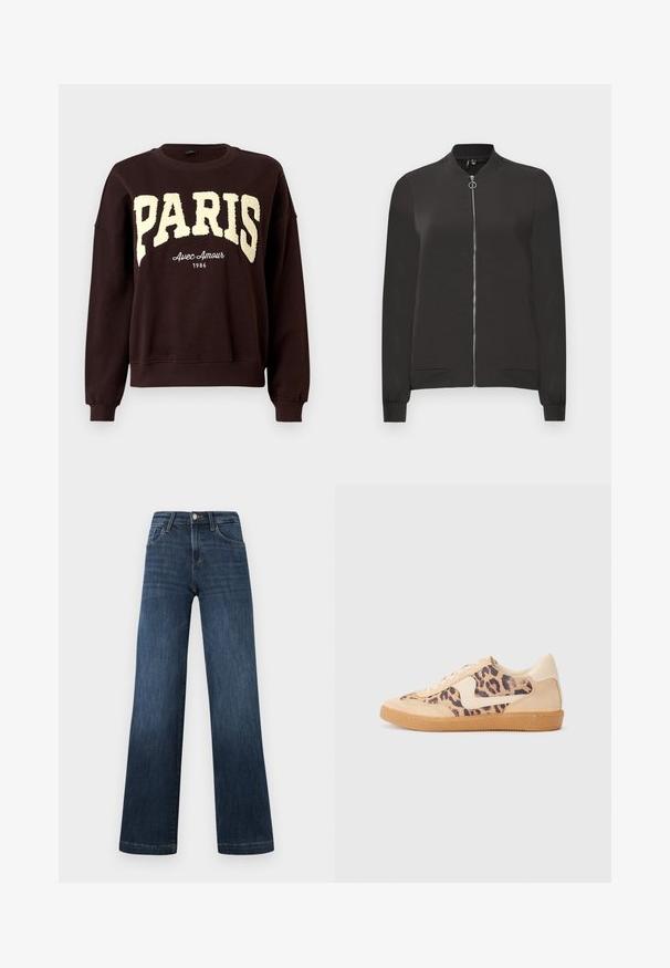 Chaqueta bomber negra hecha de tela suave, que cuenta con un cierre frontal, cuello y puños de canalé, y dos bolsillos laterales.; Sudadera de cuello redondo marrón oscuro con grandes letras texturizadas "PARÍS" y un texto más pequeño "Avec Amour 1986" debajo del pecho.; Jeans de mezclilla azul oscuro con un diseño de pierna ancha, que cuentan con cinco bolsillos y un cierre frontal de botón. Textura suave y detalles de costura clásicos.; Zapatillas de leopardo con parte superior de ante beige, suela de goma marrón y acentos blancos. Punta redonda y diseño con cordones con un acabado texturado.