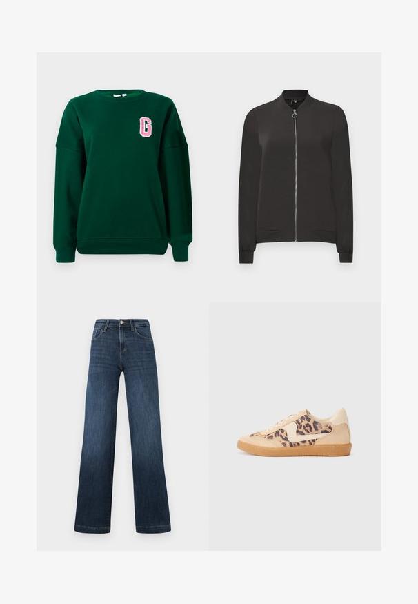 Čierna bomber bunda vyrobená z hladkej látky, s predným zipsom, rebrovaným golierom a manžetami, a dvoma bočnými vreckami.; Zelené teplákové sako z bavlnenej zmesi, s okrúhlym výstrihom a spustenými ramenami, s ružovo vyšitým písmenom "G" na ľavej hrudi. Klasický strih.; Tmavomodré džíny z denimu so širokým strihom, obsahujúce päť vreciek a predné zapínanie na gombík. Hladká textúra a klasické švy.; Tenisky s leopardím vzorom, s béžovým semišovým zvrškom, svetlohnedou gumovou podrážkou a bielymi akcentmi. Okrúhla špička a šnurovací dizajn s textúrovaným povrchom.