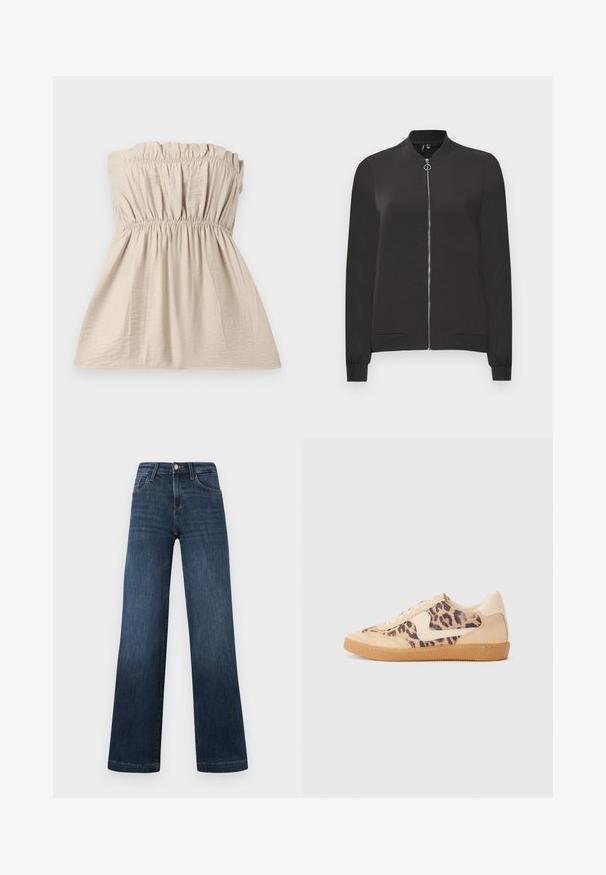 Sort bomberjakke lavet af glat stof, med en frontlynlås, ribbet krave og manchetter samt to sidelommer.; Stropfri beige top med samlet tekstur, elastisk bånd øverst og i taljen, samt en svajende silhuet. Letvægtsstof med subtil glans.; Mørkeblå denimjeans med bred ben-design, der har fem lommer og en frontlukning med knap. Glat tekstur og klassiske syninger.; Leopardprint sneakers med beige ruskindsoverdel, tan gummisål og hvide detaljer. Rund pegefinger og snørebåndsdesign med en tekstureret finish.