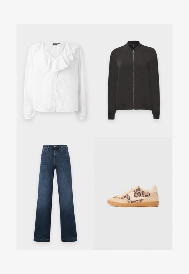 Fekete bomber dzseki sima anyagból, elöl cipzárral, bordás gallérral és mandzsettával, valamint két oldalsó zsebbel.; Fehér, hosszú ujjú blúz V-kivágással, fodros elülső résszel, gyöngy gombokkal és laza szabással, könnyű anyagból készült.; Sötétkék farmernadrág, széles szárú dizájnnal, öt zsebbel és elülső gombos záródással. Sima tapintású és klasszikus varrási részletekkel.; Leopárdmintás sportcipő bézs velúr felsőrésszel, világosbarna gumitalppal és fehér kiegészítőkkel. Kerek orr, fűzős kialakítás, és textúrázott felület jellemzi.