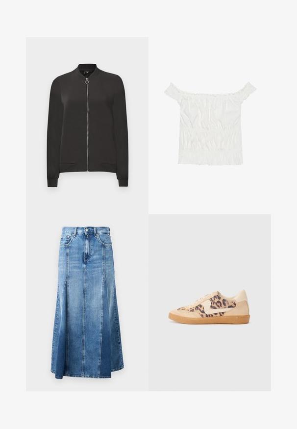 Jaqueta bomber preta feita de tecido liso, apresentando um fecho frontal com zíper, gola e punhos canelados, e dois bolsos laterais.; Top branco sem alças com detalhes em babados, textura franzida e cintura elástica. Feito de tecido de algodão macio.; Saia de ganga com um degradé de azul claro a escuro, até aos joelhos, com corte direito, fendas frontais e fecho clássico de botão e zíper.; Sapatilhas com padrão de leopardo, parte superior em camurça bege, sola de borracha castanha e detalhes brancos. Bico redondo e design com atacadores, com um acabamento texturizado.