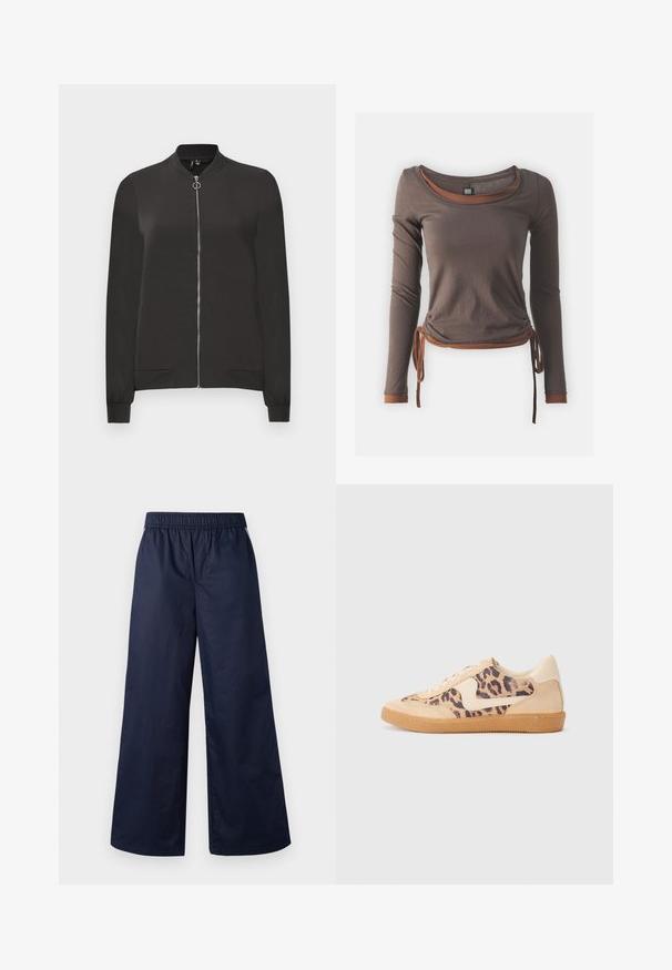 Chaqueta bomber negra hecha de tela suave, que cuenta con un cierre frontal, cuello y puños de canalé, y dos bolsillos laterales.; Top marrón de manga larga con escote redondeado, que presenta un diseño fruncido atado en la cintura y acentos marrones contrastantes en los puños y el dobladillo.; Pantalones de pierna ancha en azul marino oscuro, con cinturilla elástica, textura suave y sin cierres o bolsillos visibles.; Zapatillas de leopardo con parte superior de ante beige, suela de goma marrón y acentos blancos. Punta redonda y diseño con cordones con un acabado texturado.