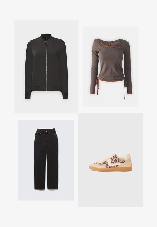 Veste bomber noire en tissu lisse, avec une fermeture éclair à l'avant, un col et des poignets côtelés, et deux poches latérales.; Haut à manches longues marron avec un décolleté arrondi, comportant un design froncé noué à la taille et des accents marron contrastants au niveau des poignets et de l'ourlet.; Jean en denim noir avec taille haute, jambe droite, accents en cuivre, design cinq poches et détails de couture visibles.; Baskets en imprimé léopard avec tige en suède beige, semelle en caoutchouc tan et accents blancs. Bout rond et design à lacets avec une finition texturée.