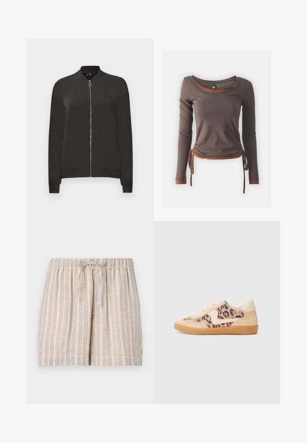 Črna bomberska jakna izdelana iz gladkega blaga, z zadrgo spredaj, rebrastim ovratnikom in manšetami ter dvema stranskima žepoma.; Rjava dolg rokav s krojenim izrezom, ki ima nabran dizajn z vezanjem na pasu in kontrastnimi rjavimi detajli na manšetah in robu.; Bež lanene kratke hlače z belimi navpičnimi črtami, elastičnim pasom in vrvico. Ohlapen dizajn vključuje šivane robove in stranske žepke.; Teniske s leopardjim vzorom z zgornjim delom iz bež semiša, rjavim gumijastim podplatom in belimi detajli. Okrogla konica in vezenje z vezalkami ter teksturirana površina.