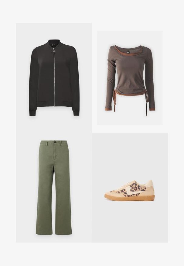 Schwarze Bomberjacke aus glattem Stoff, mit einem Frontreißverschluss, geripptem Kragen und Bündchen sowie zwei Seitentaschen.; Braunes langärmeliges Oberteil mit Rundhalsausschnitt, das ein gerafftes Design hat, das an der Taille gebunden ist, und kontrastierenden braunen Akzenten an den Ärmeln und dem Saum.; Olivgrüne gerade geschnittene Hose mit Gürtelschlaufen, Knopfverschluss und Vorderreißverschluss auf reinweißer Hintergrund.; Löwenmuster-Sneaker mit beige Wildleder-Obermaterial, tanfarbener Gummisohle und weißen Akzenten. Runde Zehenform und Schnürdesign mit strukturiertem Finish.