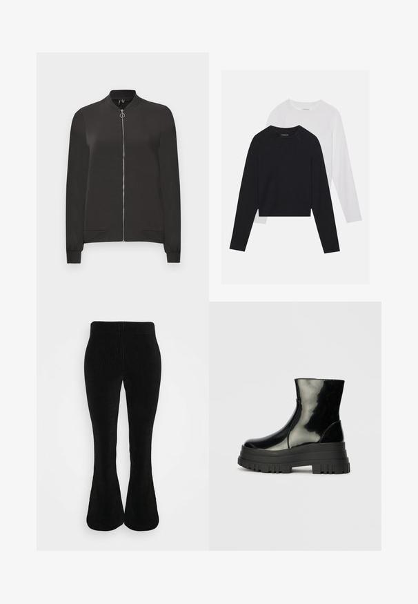 Črna bomberska jakna izdelana iz gladkega blaga, z zadrgo spredaj, rebrastim ovratnikom in manšetami ter dvema stranskima žepoma.; Dve dolge majice z dolgimi rokavi: ena črna in ena bela. Obe imata okroglo ovratnico, raglan rokave in mehko mešanico bombaža.; Črne korduroj flare hlače z rebrasto teksturo, elastičnim pasom in prilegajočim zgornjim delom, ki se počasi širi proti dnu.; Črne sijajne gležnjarje z debelim profilom podplata in zaobljenim nosom, stranski pogled na enostavni svetlo sivi ozadju.