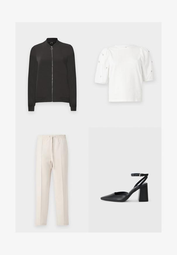 Juodas bomber stiliaus švarkas, pagamintas iš lygaus audinio, su priekiniais užtrauktukais, rausvu apykakle ir rankovėmis, bei dviem šoniniais kišenėmis.; Balta medvilnės marškinėliai trumpomis pūstomis rankovėmis, papuošti mažomis sidabrinėmis detalėmis ant rankovių. Klasikinis apvalus iškirpimas, laisvas siluetas.; Bežiniai sportiniai kelnių tipo džinsai su elastinga juosmens juosta ir raišteliu, turintys lygų paviršių ir dvi priekinės klostes, suteikiančias pritaikytą išvaizdą.; Juoda odinė smailiagalė aukštakulnio bateliai su kulkšnies dirželiu ir storu kulnu. Lygus paviršius, elegantiškas dizainas ir minimalistiška estetinė.