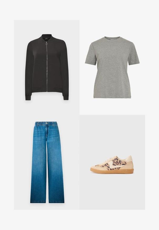 Jaqueta bomber preta feita de tecido liso, apresentando um fecho frontal com zíper, gola e punhos canelados, e dois bolsos laterais.; T-shirt de algodão cinzento com gola redonda clássica, mangas curtas e textura suave, adequada para uso casual.; Jeans de perna larga feitos de denim azul claro, com um cós elástico, fecho de botão e um corte reto com um efeito desbotado.; Sapatilhas com padrão de leopardo, parte superior em camurça bege, sola de borracha castanha e detalhes brancos. Bico redondo e design com atacadores, com um acabamento texturizado.