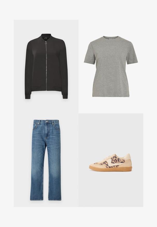 Črna bomberska jakna izdelana iz gladkega blaga, z zadrgo spredaj, rebrastim ovratnikom in manšetami ter dvema stranskima žepoma.; Siva bombažna majica z okrolim izrezom, kratkimi rokavi in gladko teksturo, primerna za vsakodnevno nošenje.; Modri kavbojke z ravnim krojem, petimi žepi in izblitjem. Imajo gumb in zadrgo na pasu.; Teniske s leopardjim vzorom z zgornjim delom iz bež semiša, rjavim gumijastim podplatom in belimi detajli. Okrogla konica in vezenje z vezalkami ter teksturirana površina.
