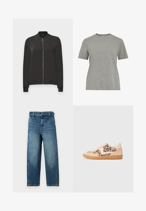 Chaqueta bomber negra hecha de tela suave, que cuenta con un cierre frontal, cuello y puños de canalé, y dos bolsillos laterales.; Camiseta gris de algodón con cuello redondo clásico, mangas cortas y textura suave, ideal para un uso casual.; Vaqueros de mezclilla azul con cintura alta, piernas anchas y un lazo de cinturón con un anillo de metal. Presentan un desvanecimiento y sutiles arrugas en la tela.; Zapatillas de leopardo con parte superior de ante beige, suela de goma marrón y acentos blancos. Punta redonda y diseño con cordones con un acabado texturado.